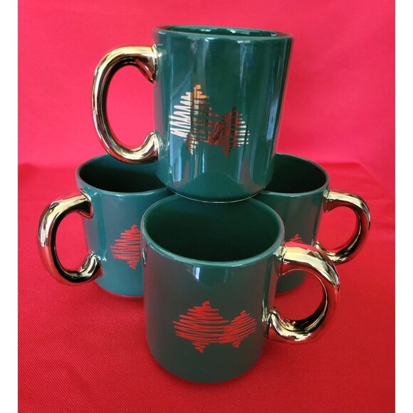 Vintage Christmas Mugs Celebrate the Season Gold Decal Green Set of Four - Picture 4 of 12